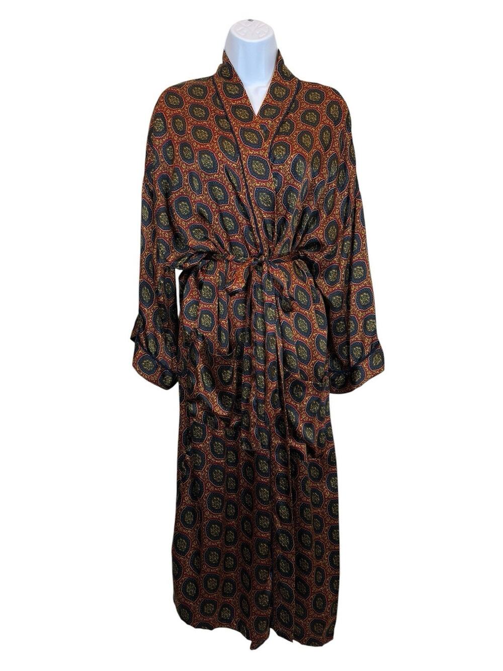 Vintage Addiction Robe Womens One Size 100% Silk Paisley Dressing Gown Belted